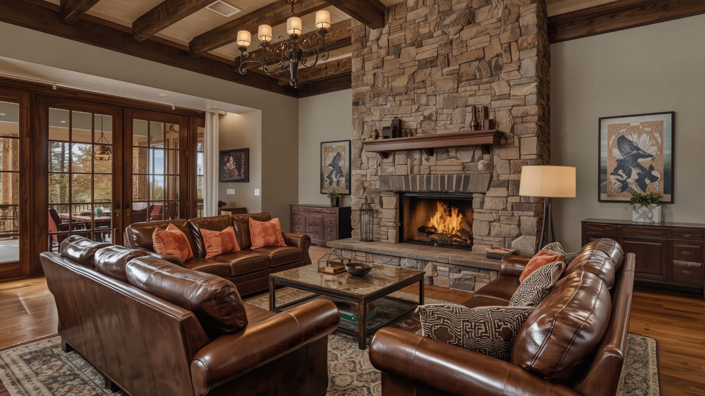 Cheminée monumentale en pierre avec poutres apparentes maison de caractère Corrèze