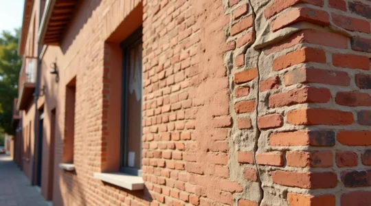 Façade de maison toulousaine présentant des fissures structurelles avec arrière-plan urbain