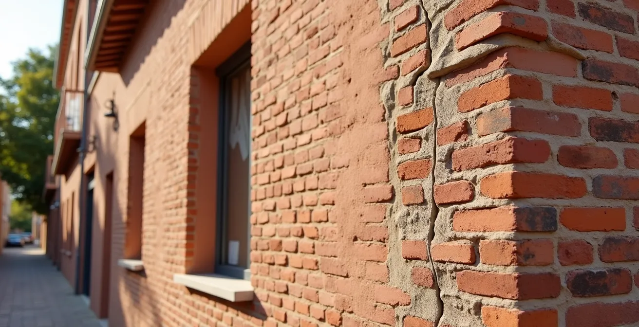 Façade de maison toulousaine présentant des fissures structurelles avec arrière-plan urbain