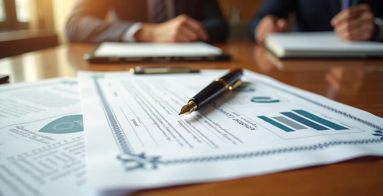 Scène de signature de compromis immobilier avec documents sur table de bureau