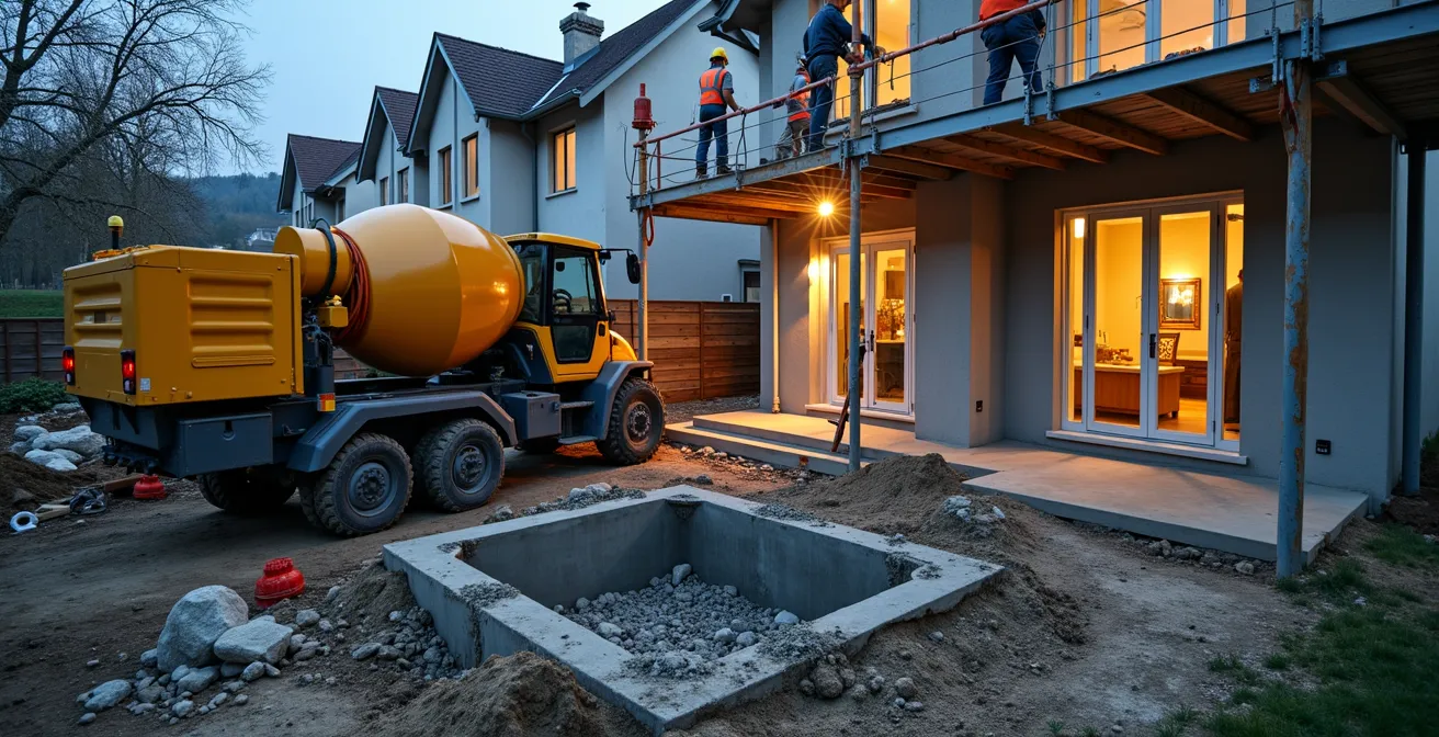 Chantier de rénovation structurelle avec équipements de renforcement des fondations