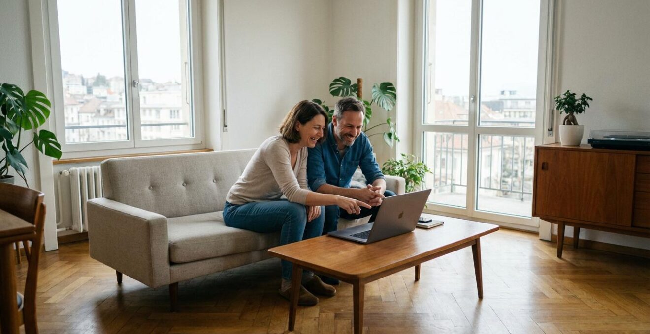 Couple consultant ensemble un ordinateur pour comparer agences immobilières Lausanne