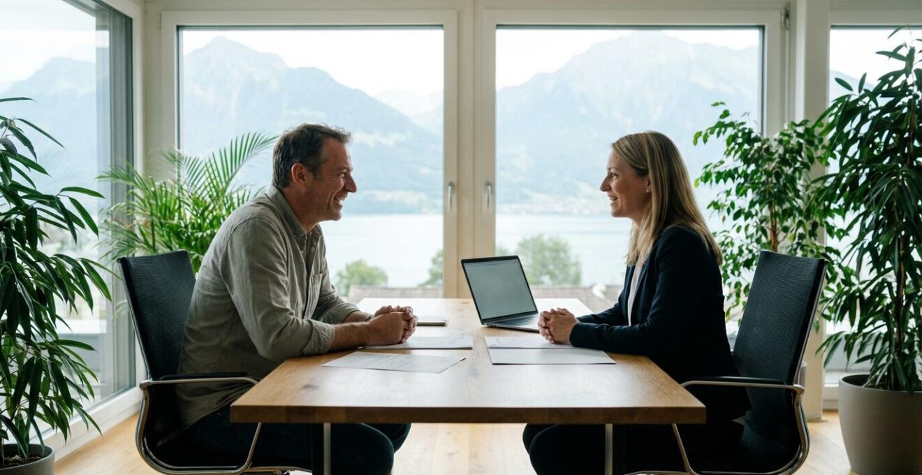 Agent immobilier et client en discussion dans bureau agence Lausanne