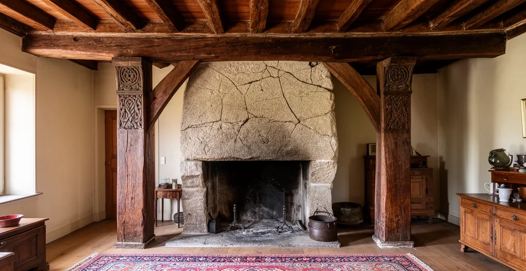 Cheminée monumentale en pierre avec poutres apparentes maison de caractère Corrèze