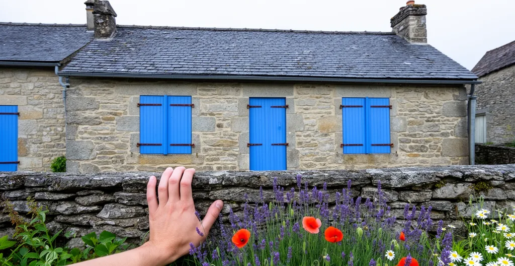 Façade maison de caractère en pierre dans village corrézien avec volets colorés