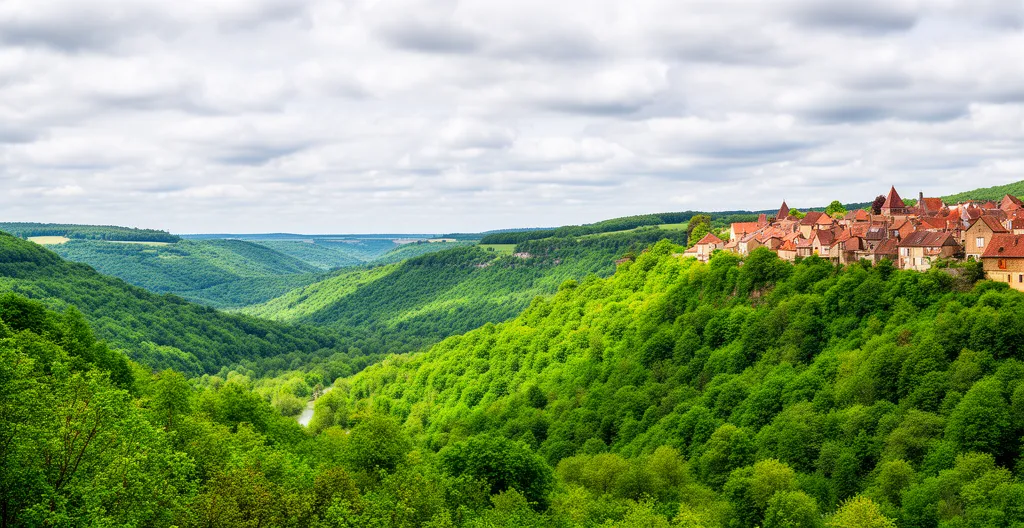 Vue panoramique vallée de la Dordogne avec village corrézien et collines verdoyantes