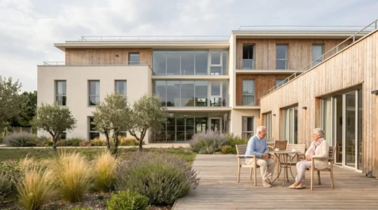 Façade moderne d'une résidence senior en Nouvelle-Aquitaine avec jardin paysager et seniors sur une terrasse ensoleillée