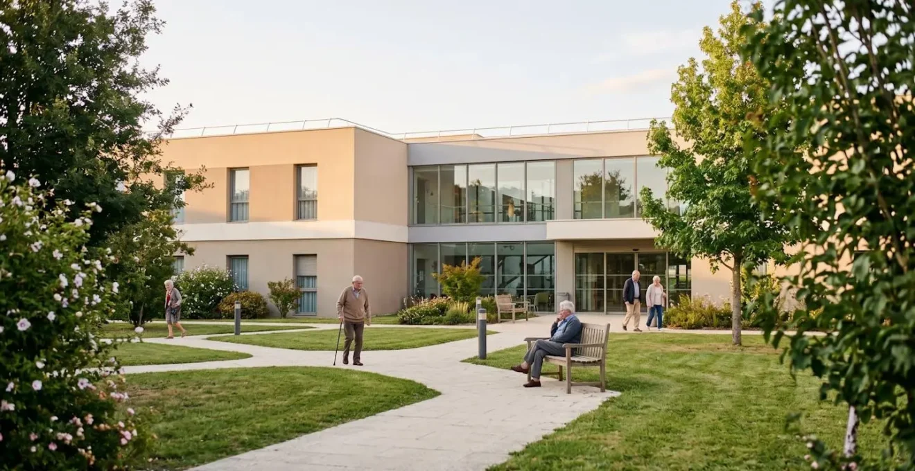 Façade moderne d'une résidence senior en Nouvelle-Aquitaine avec jardin paysager accessible, résidents âgés se promenant dans un cadre verdoyant et sécurisé, lumière naturelle douce d'après-midi