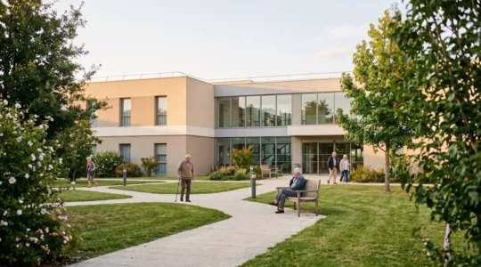 Façade moderne d'une résidence senior en Nouvelle-Aquitaine avec jardin paysager accessible, résidents âgés se promenant dans un cadre verdoyant et sécurisé, lumière naturelle douce d'après-midi