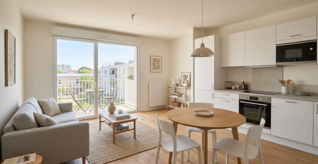 Intérieur lumineux d'un appartement T2 en résidence senior avec salon, cuisine équipée ouverte et baie vitrée donnant sur un balcon