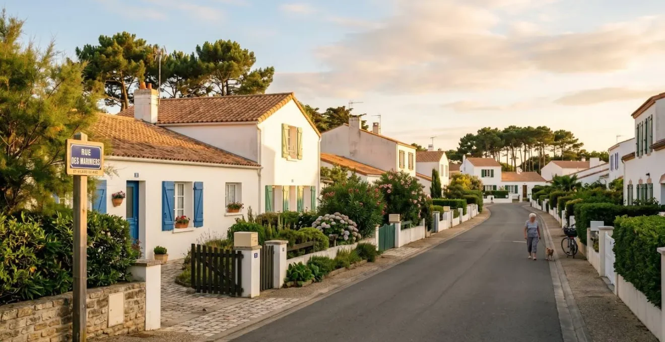 Rue résidentielle calme dans un quartier pavillonnaire de Saint-Hilaire-de-Riez avec maisons vendéennes typiques et végétation littorale
