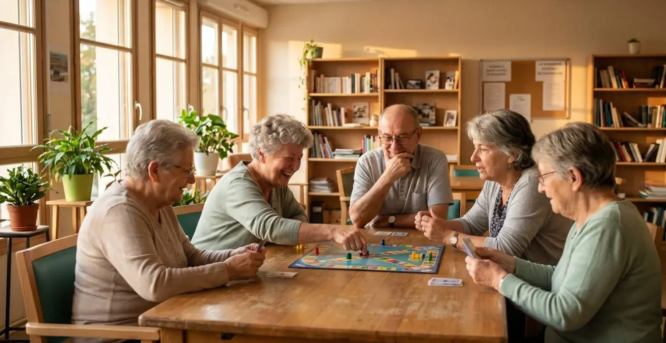 Groupe de seniors jouant à un jeu de société dans la salle d'activités commune d'une résidence senior, ambiance conviviale et lumineuse avec plantes vertes et bibliothèque