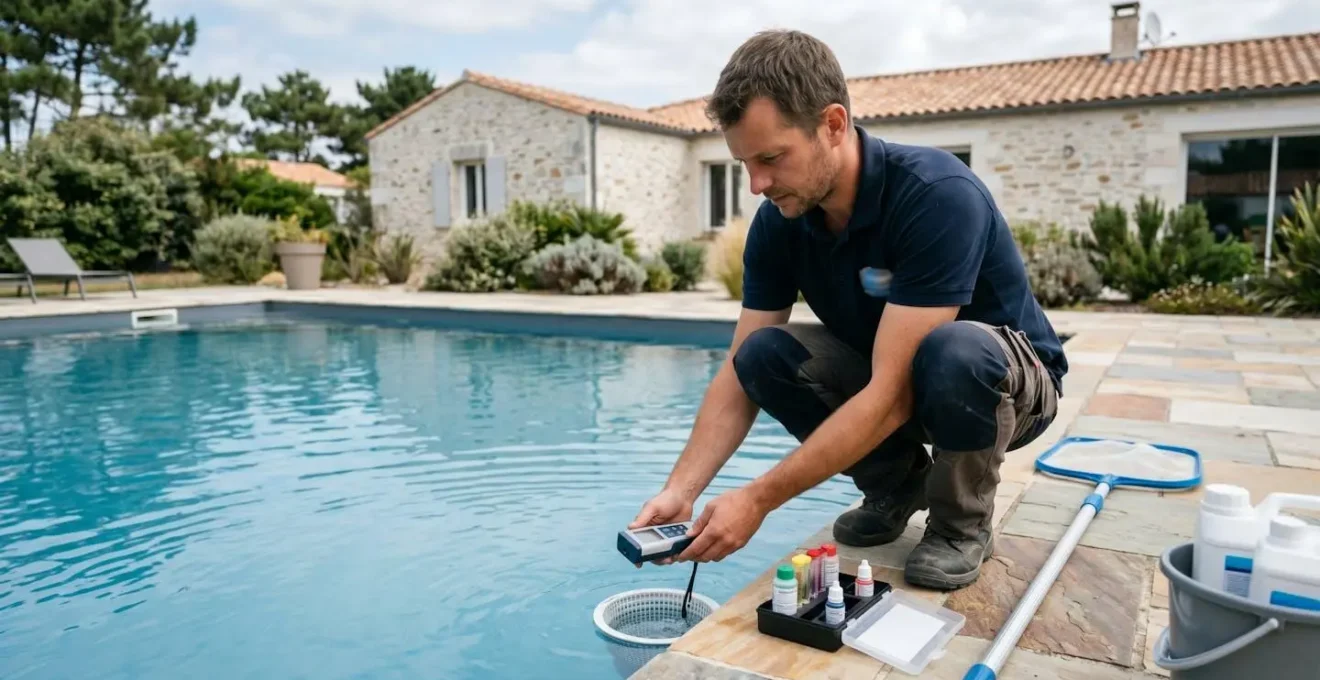 Technicien professionnel effectuant la maintenance d'une piscine résidentielle privée, contrôle qualité eau et nettoyage équipements filtration