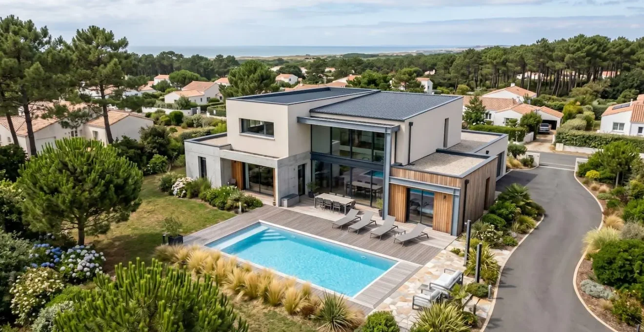 Vue aérienne d'une maison contemporaine avec piscine privée rectangulaire à Saint-Hilaire-de-Riez, entourée de pins maritimes, architecture vendéenne moderne