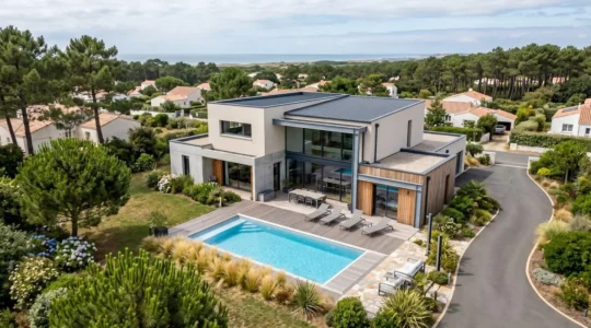 Vue aérienne d'une maison contemporaine avec piscine privée rectangulaire à Saint-Hilaire-de-Riez, entourée de pins maritimes, architecture vendéenne moderne