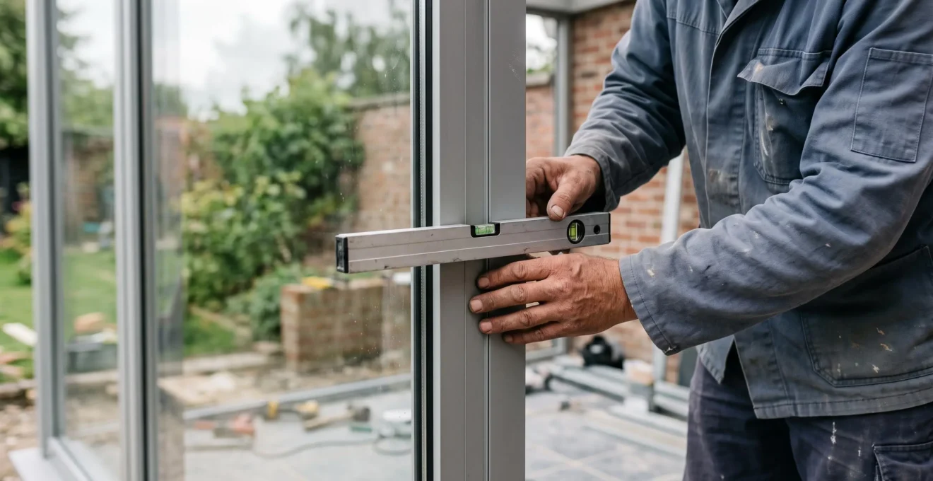 Gros plan sur les mains d'un artisan vérifiant au niveau à bulle la pose d'un châssis vitré aluminium sur une véranda en construction.