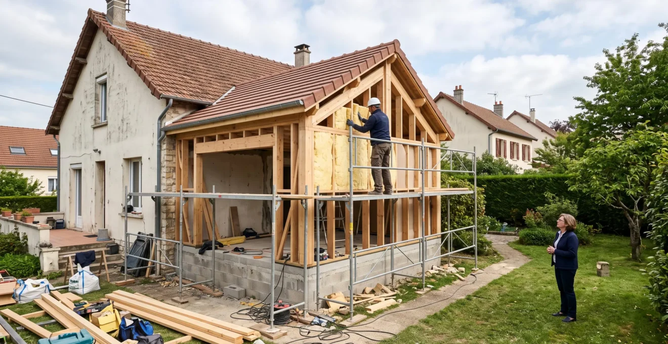 Une maison individuelle en cours d'extension avec un ouvrier posant des panneaux d'isolation sur la nouvelle structure et le propriétaire observant le chantier dans le jardin.
